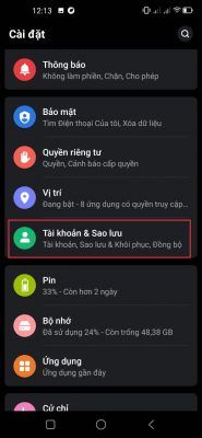 Mục Tài Khoản Và Sao Lưu Trong Phần Cài đặt