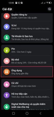 Mục ứng Dụng Trong Phần Cài đặt