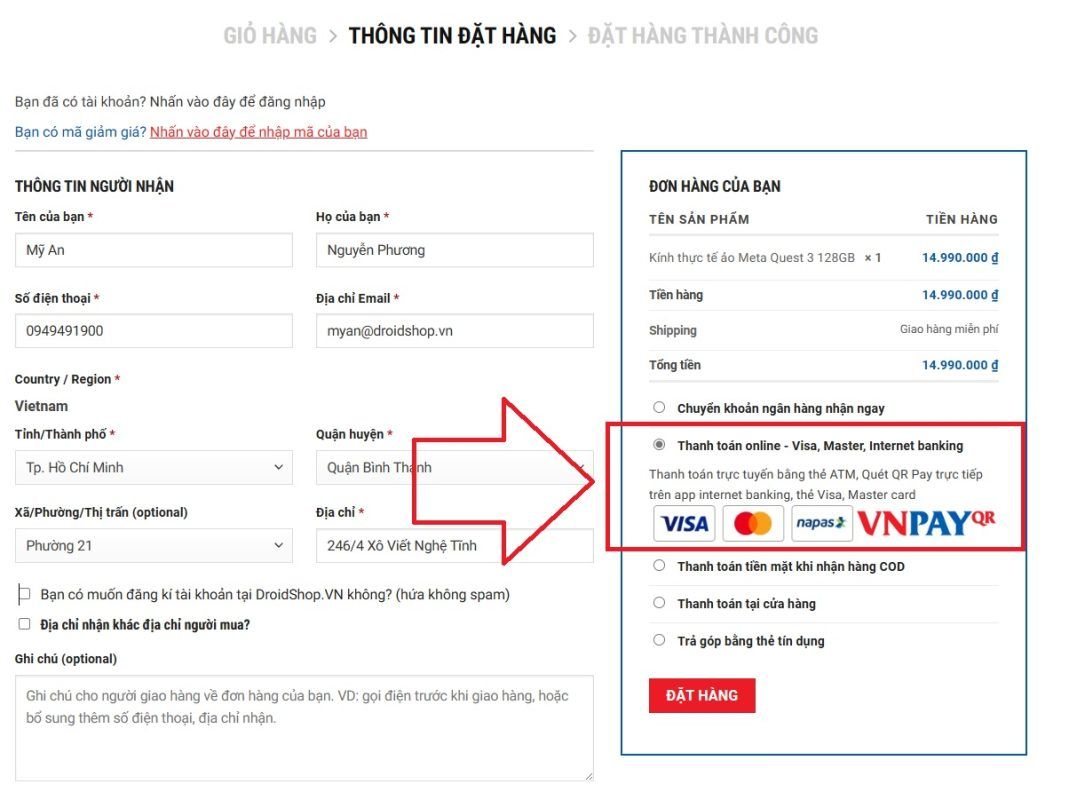 Chọn Hình Thức Thanh Toán Online Tại Droidshop