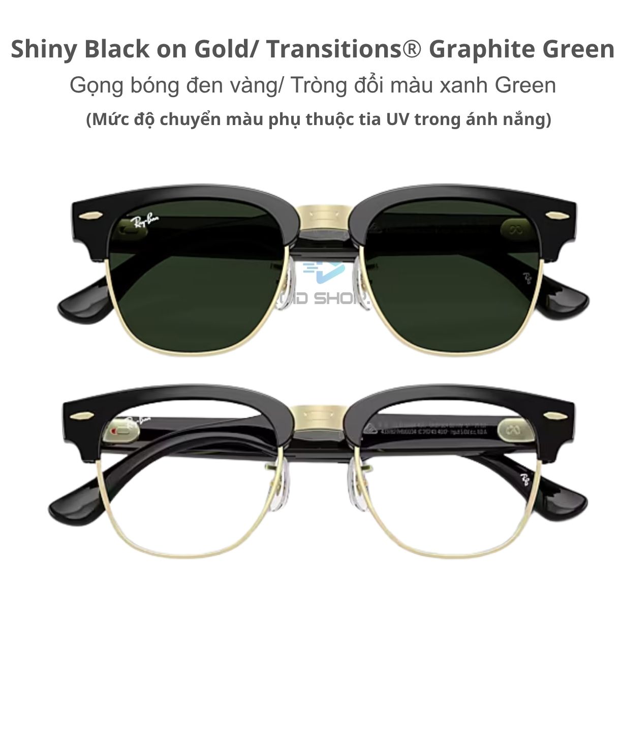 Kính Ray Ban Meta Audio Clubmaster Shiny Black On Gold Transitions Graphite Green